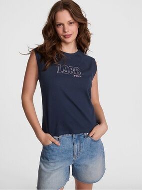 PINK Victoria's Secret Navy Sleeveless Graphic Muscle Tank MEDIUM